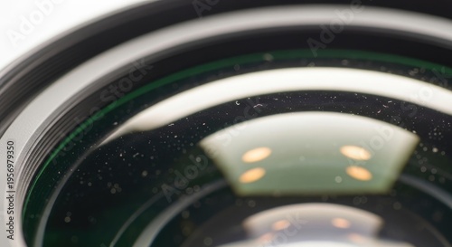 Close-up of a camera lens with reflections.