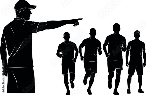 A coach or instructor guiding or directing four athletes or runners in a training or competitive setting with a pointing gesture