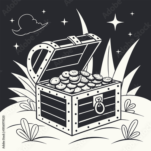 Classic Treasure Chest Silhouette Overflowing with Gold Coins, a Vector Symbolizing Wealth and Abundance
