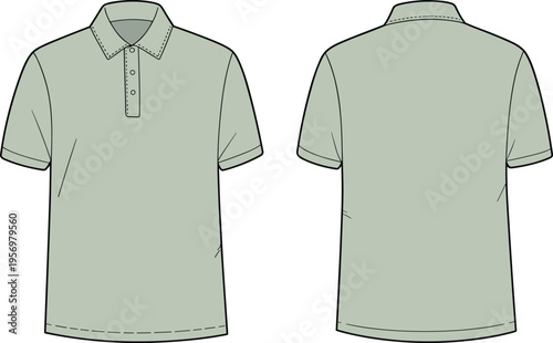 Light green polo shirt with short sleeves and button placket shown from front and back view collar