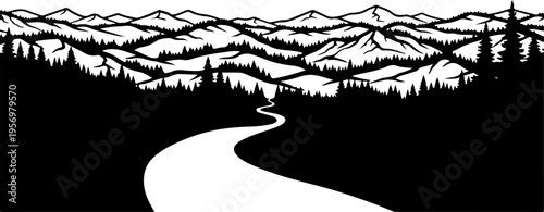 Vector mountain landscape with winding road illustration