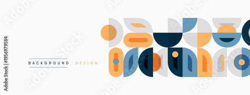 Retro geometric shapes create vibrant background. Orange, blue, brown tones dominate design, offering modern aesthetic.