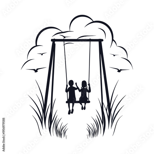 Playful silhouette of two happy children enjoying a swing set, one actively swinging high, depicting childhood fun.