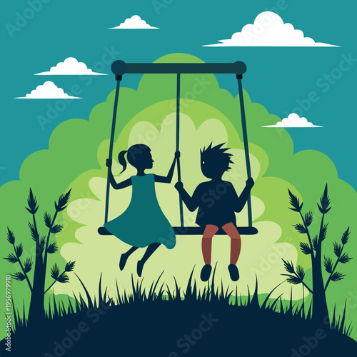 Clean silhouette depiction of two kids at a playground swing set, capturing the essence of childhood and active fun.