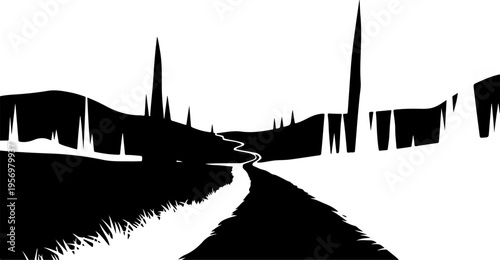 Vector silhouette of rural road landscape