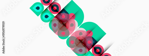 Abstract geometric shapes overlap, creating dynamic visual effect. Teal, pink hues dominate white background. Modern design elements present.
