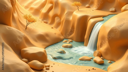 Stylized Desert Canyon Landscape with Flowing River, Waterfall, and Golden Trees