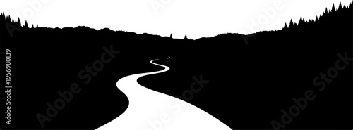 Vector road landscape silhouette, black and white