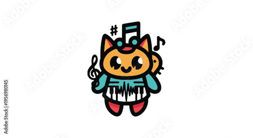 Cartoon cat musician playing piano keyboard illustration isolated