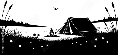 Black and white vector illustration of camping scene