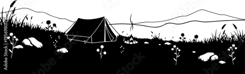 Vector illustration of a tent in a field at sunset