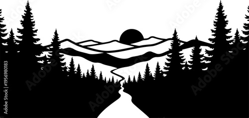 Black silhouette landscape with forest and mountains vector