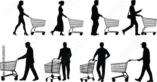 Silhouettes of people pushing shopping carts in various poses and styles black white