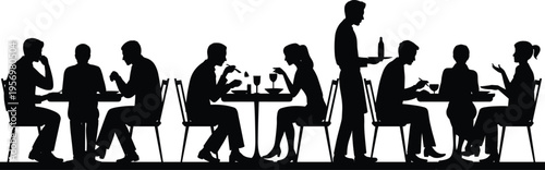 Silhouettes of people sitting at tables in a restaurant with a waiter serving drinks chairs