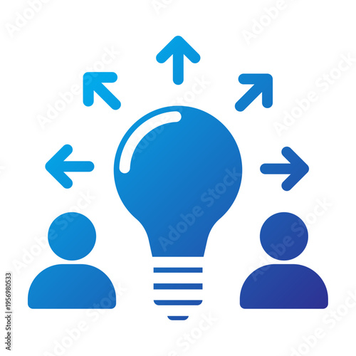 Solid Gradient Icon of a lightbulb with outward arrows and people representing the sharing of ideas