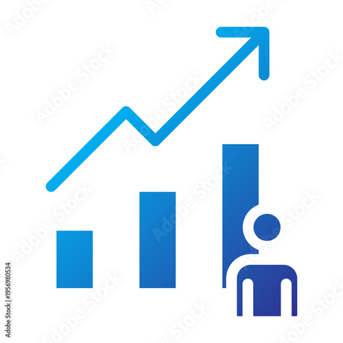 Solid Gradient Icon of a bar chart with an upward arrow and a person representing professional growth