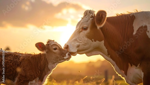 Mother Cow and Calf Nuzzle in Golden Sunset Light.