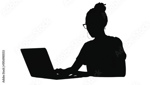 Person silhouette with glasses typing on a laptop computer, symbolizing remote work and digital productivity.