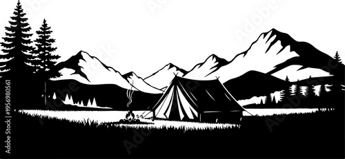 Black and white vector illustration of camping tent with mountain landscape