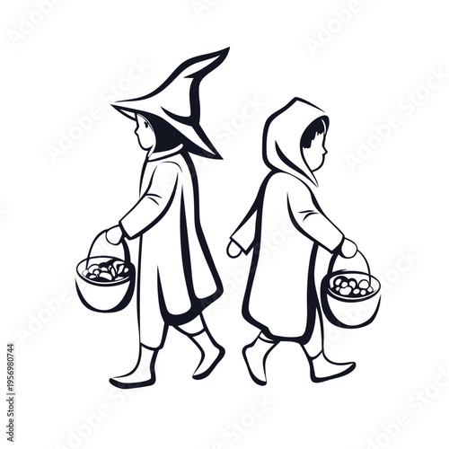 Happy Children Silhouette Dressed in Halloween Costumes Ready for Trick-or-Treating Fun and Autumn Festivities