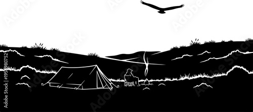 Vector illustration of camping scene at sunset
