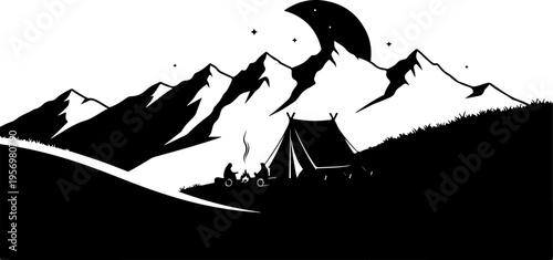 Vector mountain landscape silhouette with tent and moon