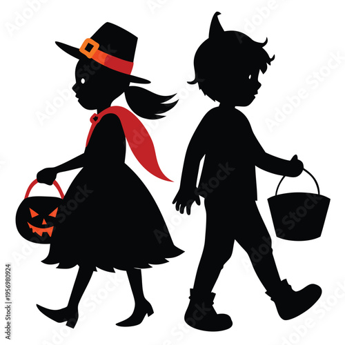 Cheerful Kids Silhouette in Halloween Outfits Carrying Treats and Candy for Seasonal Festivities and Fun