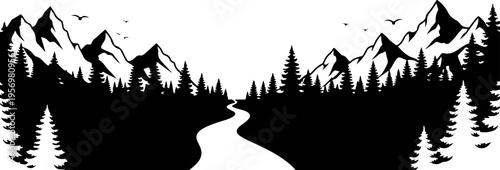 Black silhouette landscape with mountains and forest vector illustration