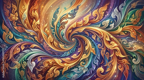 Abstract thai pattern background featuring intricate swirling gold and vibrant colorful traditional cultural motifs for elegant decorative design