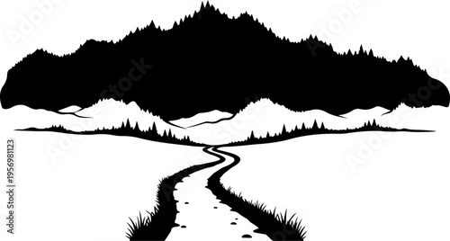 Black silhouette landscape vector with mountain and road