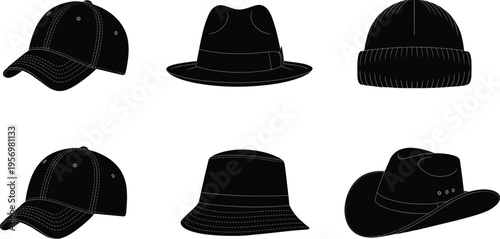 Six black hats including a baseball cap, fedora, beanie, bucket hat, and cowboy hat in a line-up