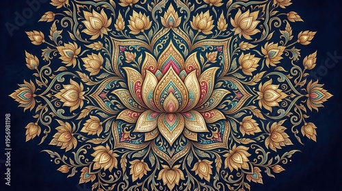 Ornate gold and blue thai lotus flower pattern with intricate symmetrical floral mandala design for luxury spiritual wellness and oriental decor background