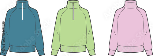 Three Colorful Quarter- Zip Sweaters with Contrasting Cuffs and Waistbands quarter-zip blue green