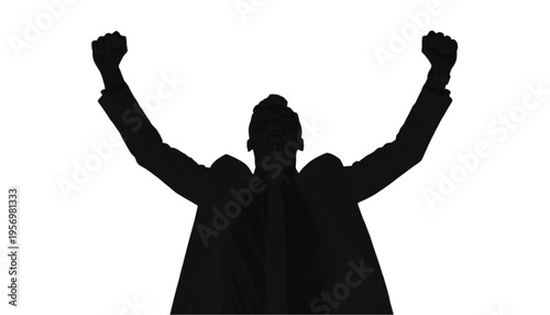 Person silhouette with arms raised in triumph, celebrating success, achievement, or a victorious moment.