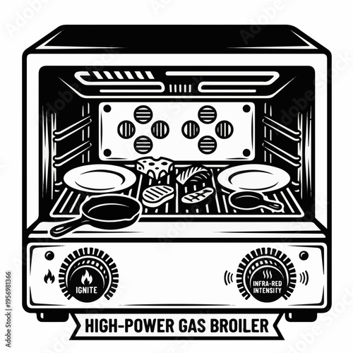illustration of a commercial gas-powered broiler featuring a control panel with knobs and infra-red heating zones. Ideal for restaurant equipment catalogs and industrial kitchen branding
