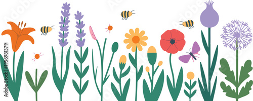 Summer garden illustration set featuring colorful flowers, insects, and backyard cottage landscape for cheerful outdoor nature clipart designs