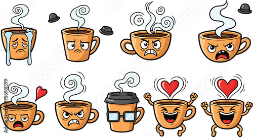 Funny Coffee Cup Cartoon Characters Set Showing Different Emotions Expressions and Reactions with Hearts Anger and Sad Faces in Flat Vector Style for Stickers Comics and Creative Design Projects