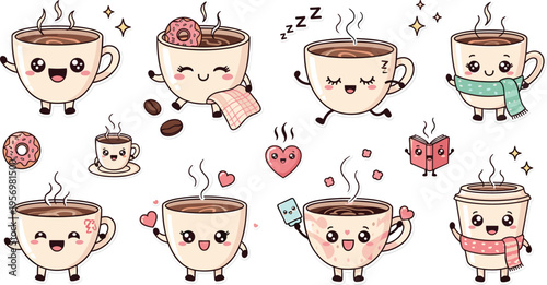 Cute Coffee Cup Cartoon Characters Collection Featuring Happy Funny Kawaii Mugs with Donuts Hearts and Cozy Accessories in Flat Vector Style for Stickers Branding and Creative Design Projects