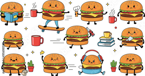 Cute Burger Cartoon Characters Collection Featuring Daily Activities Reading Skating Listening Music Studying and Drinking Coffee in Fun Vector Style for Kids Lifestyle and Creative Design Projects