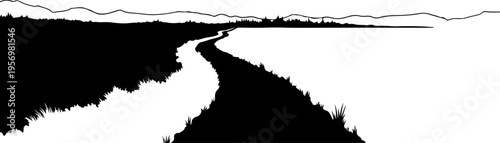Vector landscape with winding road and grassy hills