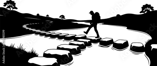 Vector illustration of man walking on stepping stones in landscape
