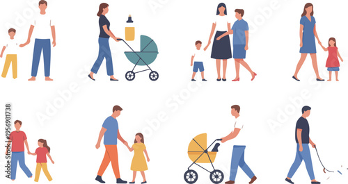Happy walking family collection with mother, father, and children spending time together outdoors, cheerful people bundle vector illustration clipart