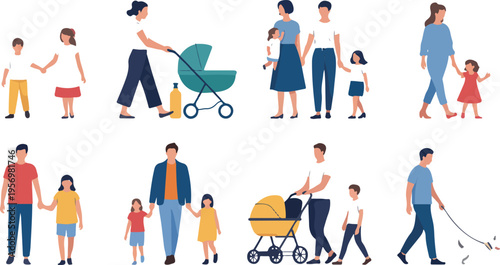 Happy walking family collection with mother, father, and children spending time together outdoors, cheerful people bundle vector illustration clipart