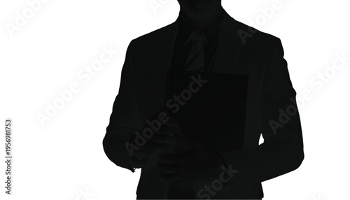 Businessman silhouette stands holding a document folder or tablet with both hands, isolated on white.
