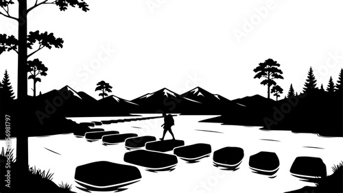 Vector silhouette of man crossing stepping stones in landscape