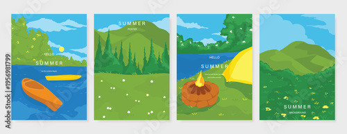 Abstract Green Summer landscape background vector set. Nature wallpaper of green field on mountain, yellow flowers, blue sky , birds, river. Watercolor illustration for cover, wall art, decoration.