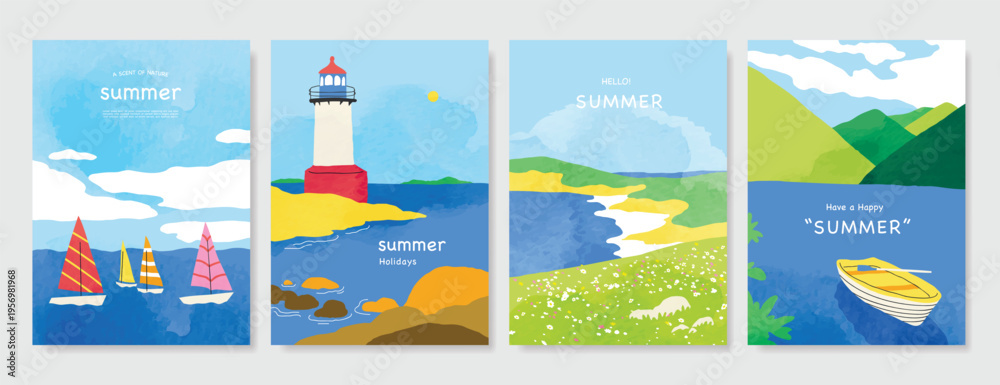 Fototapeta premium Abstract Green Summer landscape background vector set. Nature wallpaper of green field on mountain, yellow flowers, blue sky , birds, river. Watercolor illustration for cover, wall art, decoration.
