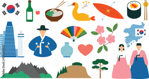 Colorful symbolic representation of South Korean culture featuring traditional ornamental symbols, inspired by heritage, harmony, and cultural decorative design vector illustration