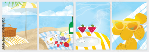 Abstract Green Summer landscape background vector set. Nature wallpaper of green field on mountain, yellow flowers, blue sky , birds, river. Watercolor illustration for cover, wall art, decoration.