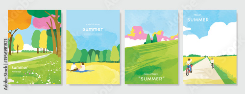 Abstract Green Summer landscape background vector set. Nature wallpaper of green field on mountain, yellow flowers, blue sky , birds, river. Watercolor illustration for cover, wall art, decoration.